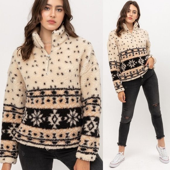 NEW Cream Aztec Sherpa Half Zip Pullover Sweater - Picture 10 of 10